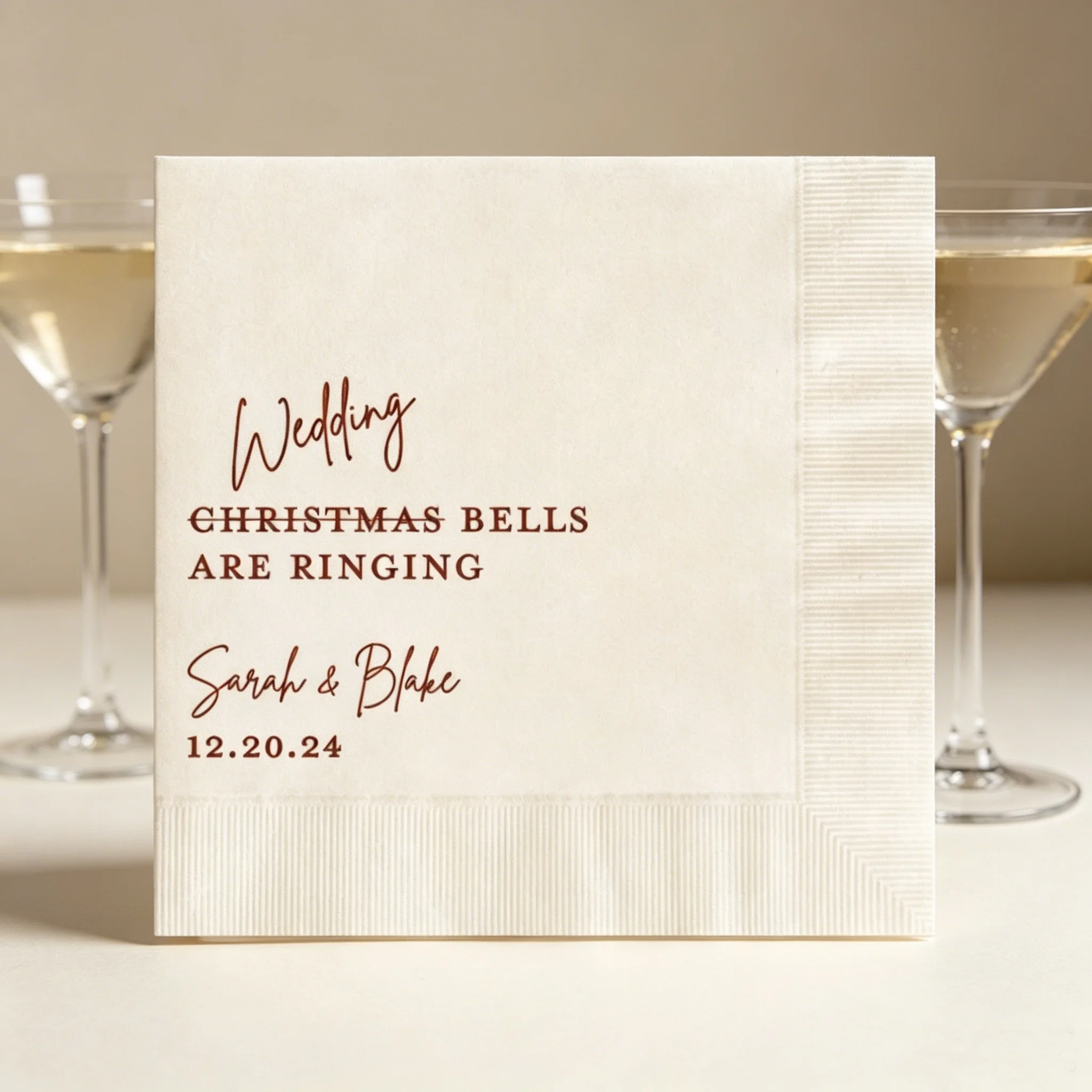 

50pcs Custom Christmas Wedding Cocktail Napkins - Personalized Couple Names & Date Rose Gold Foil Printed Disposable Beverage Na