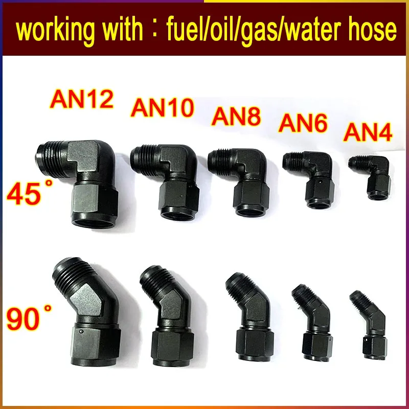 2PCS Oil Fuel Fittings End Fittings Female to Male Gas Push Lock  AN4AN6 AN8AN10 AN12 Swivel Adaptors To Male Black 45 90 Degree