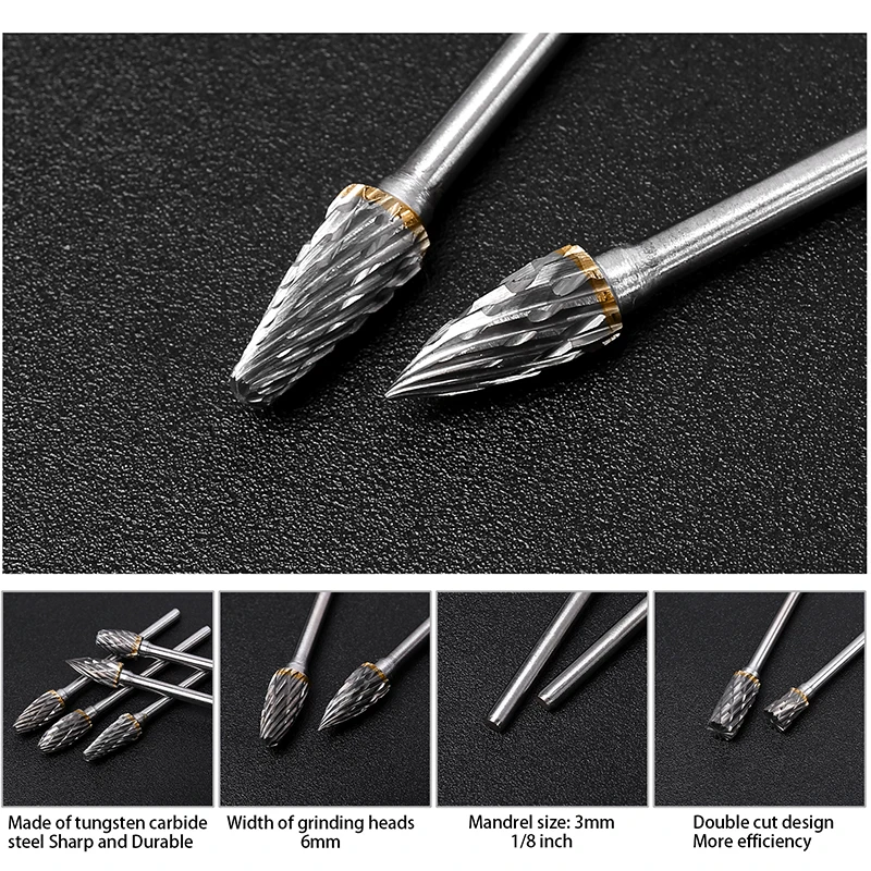 10pcs 3x6mm Shank Drawing Tungsten Carbide Milling Cutter Rotary Tool Burr Double Rotary Dremel Metal Wood Electric Grinding