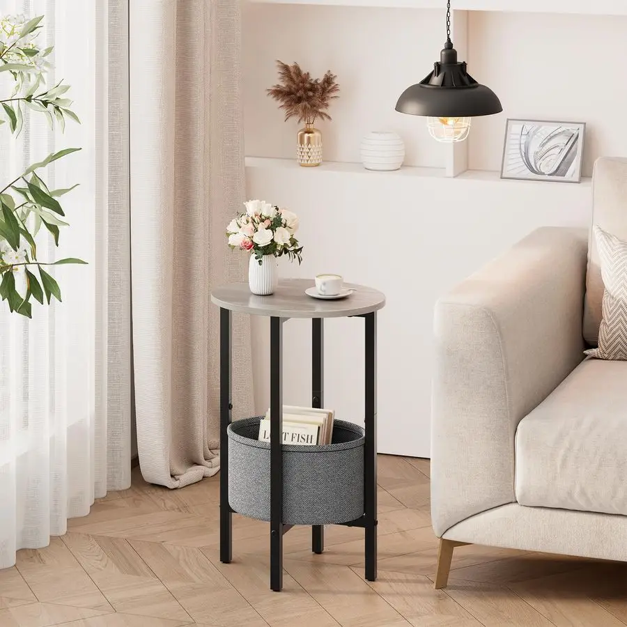Round Side Table End Table with Storage Basket, Small Side Table Round Nightstand for Small Spaces, Tall Oval End Table with Ste