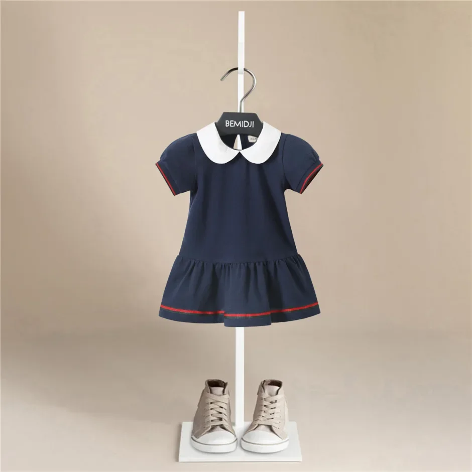 Summer New Leisure Sport College Style 1-7 Years Children Doll Collar Cotton Short Sleeve Dress for Kids Baby Girls  Dresses