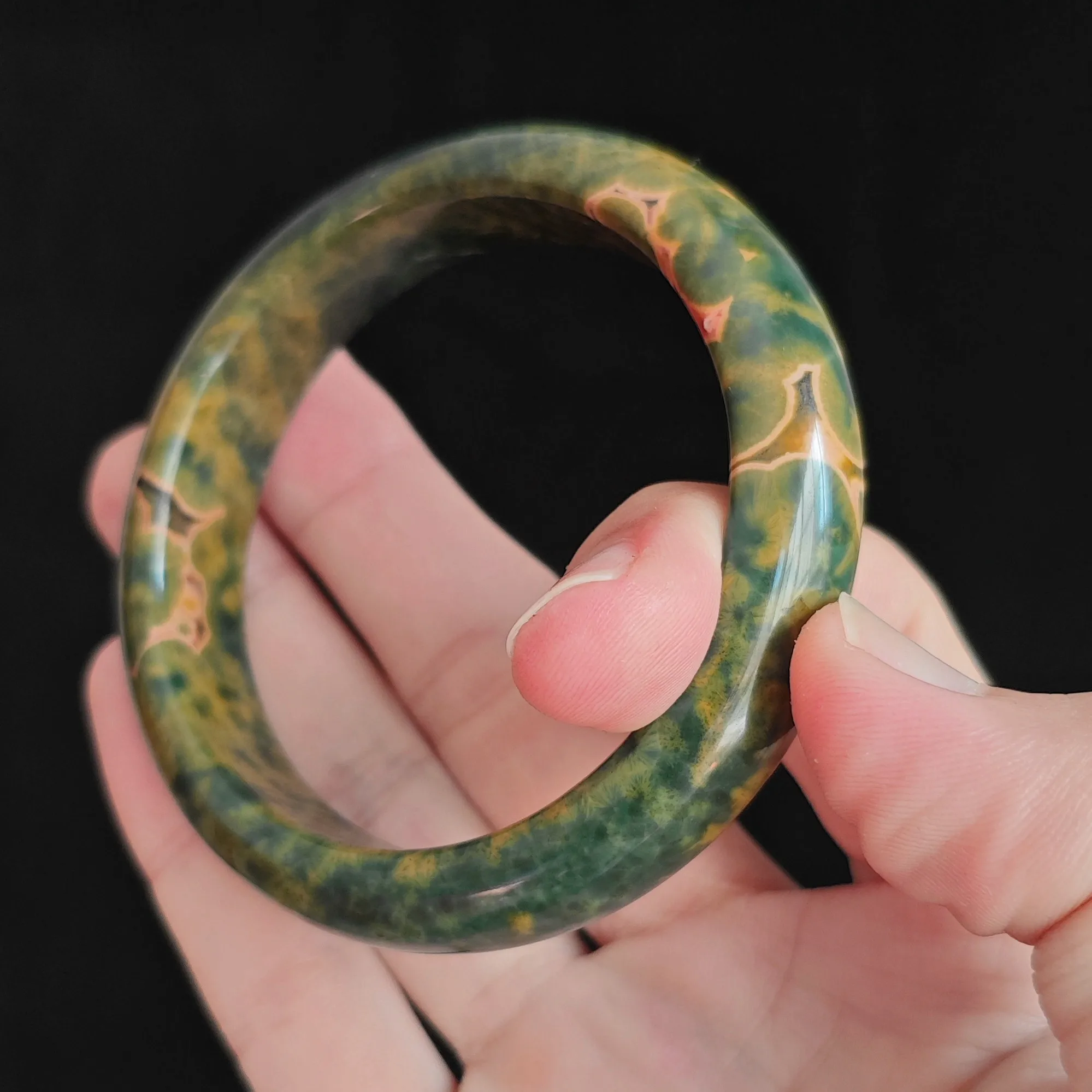 Unique Exact Piece Ocean Jasper Bangle Lotus Pattern Orbicular Gemstone Bracelet WYSIWYG Women Collector Jewelry Gift