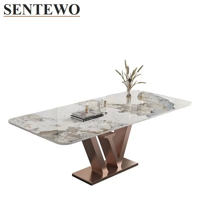 Luxury Rock Slab Dining Table with 8 Dinner Chairs Stainless Steel Gold Base Faux Marble Table Kitchen Furniture стол для кухни