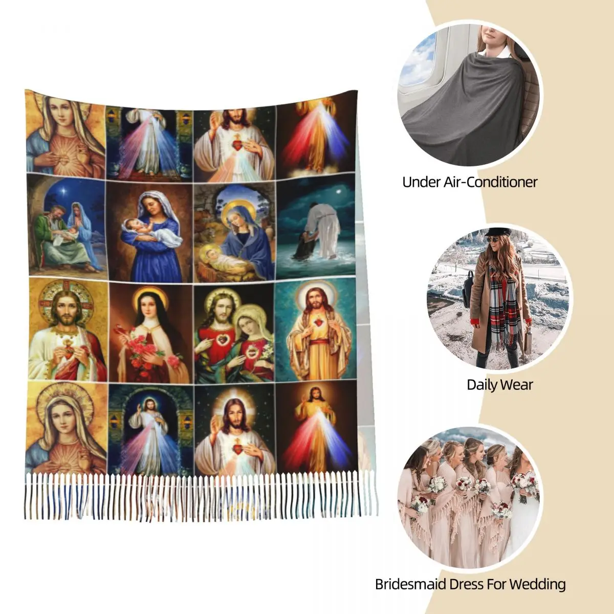 Womens Tassel Scarf Jesus Virgin Mary Christian Long Super Soft Shawl Wrap Catholic Plaid Gifts Pashmina Scarves