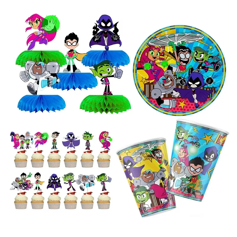 Teen Titans GO Baby Shower Happy Birthday Paper Cup Straw Party Decoration Cupcaketopper Plate Spiral Banner Flag Children