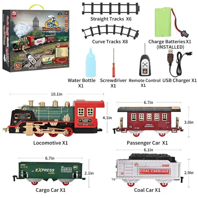 

Remote Control Train Set Electric Steam Locomotive Cargo Cars & Tracks, Realistic Smoke,Sounds & Lights, Rechargeable