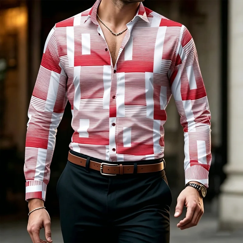 

Men's shirt with geometric stripes, trendy color blocking, slim fit, long sleeved shirt, spring and autumn casual versatile top