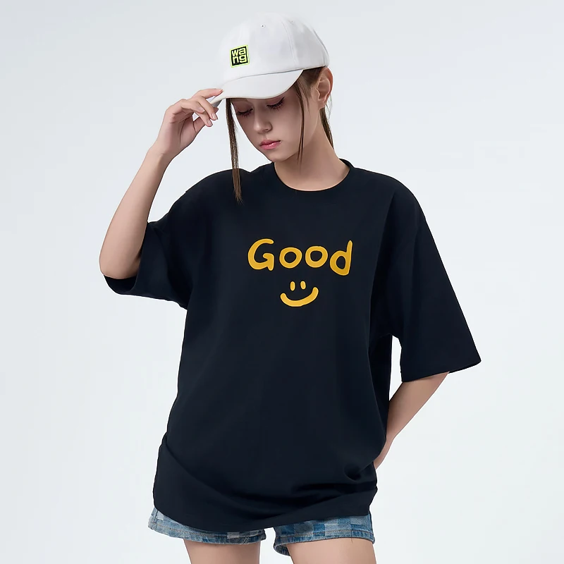 2025 Smiley Letter American Trend Cotton Print Short Sleeve High Quality Deluxe Edition Comfortable and Breathable