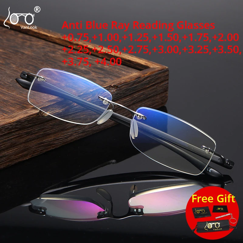 Rimless Reading Glasses Blue Light Blocking TR90 Frameless Eyewear Presbyopia Spectacle With Diopter +0.75+125+175+225+275+325