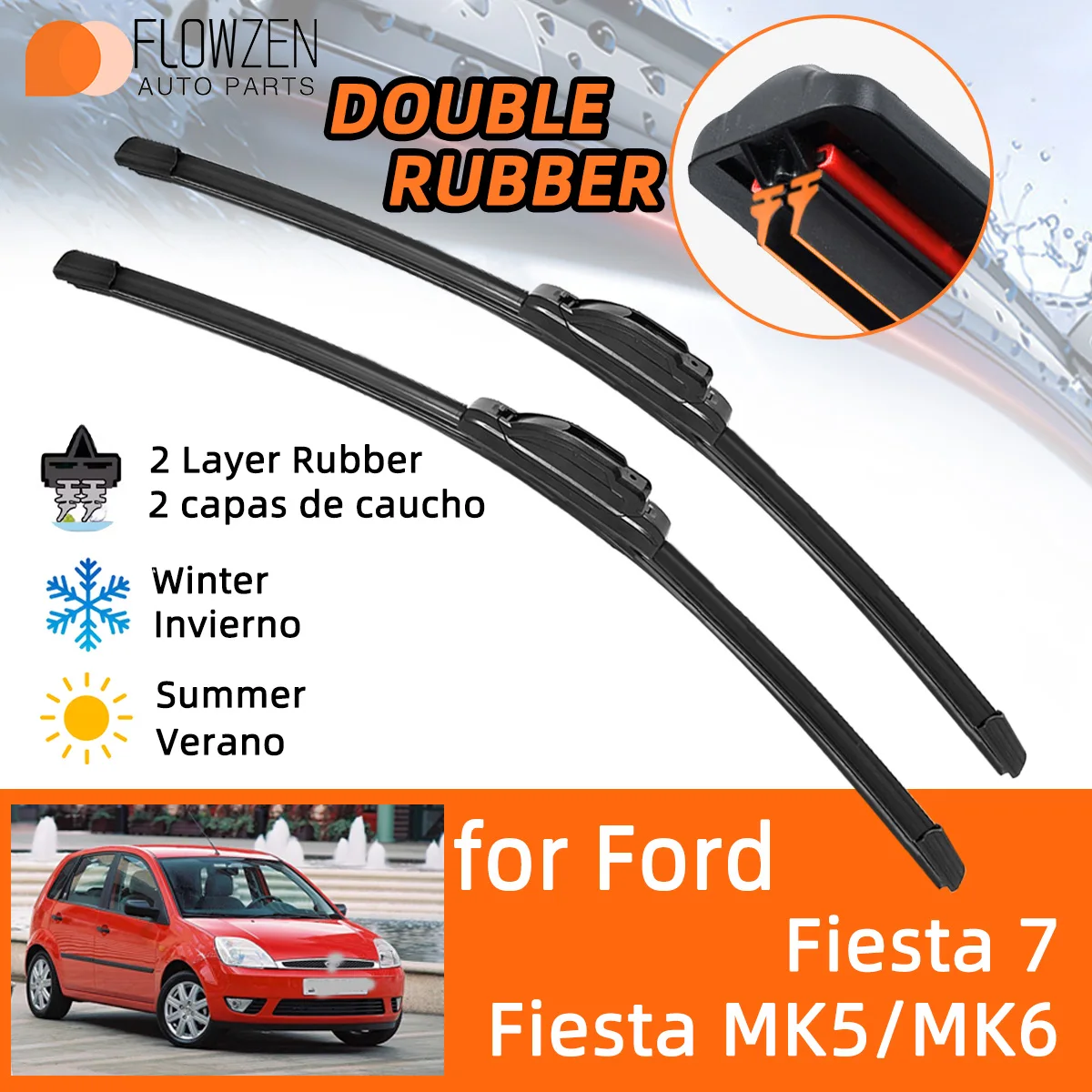 Car Wiper Blades for Ford Fiesta 7 2008-2017 / Fiesta MK5 Mk6 2002-2008 Double Rubber Windshield Wiper Accessories Winter Summer