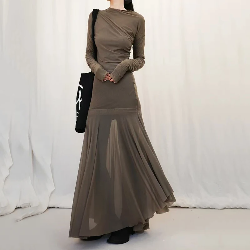 レディース フェイクツーピース オーバーレイ ワンピース プリーツ メッシュ ロングドレス Tシャツ + アシンメトリー ロングスカート 高品質 夏 新作 2025
