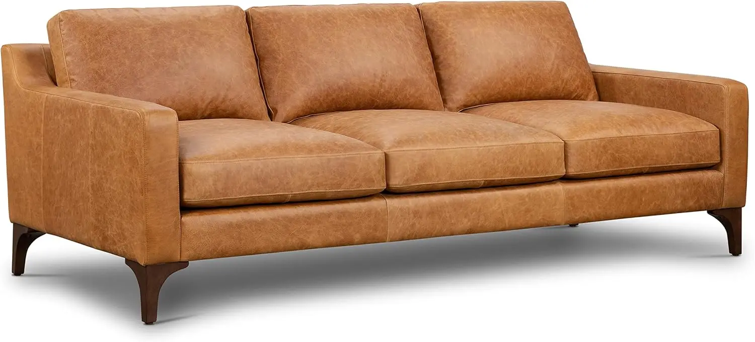 Leather Couch – 86-Inch Leather Sofa with Tufted Back - Full Grain Leather Couch with Feather-Down Topper