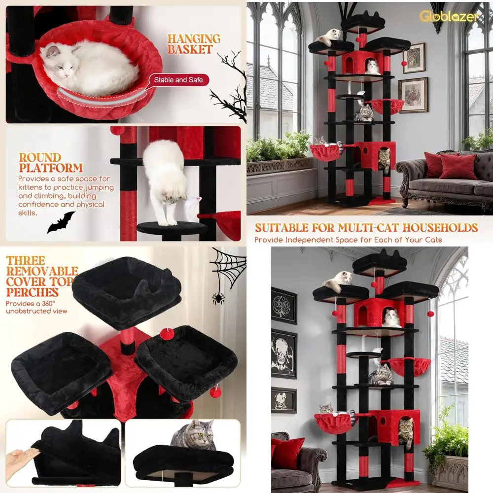 

Очень большая 82-дюймовая лежанка-когтеточка для кошек с площадками, домиками и подвесными корзинами для нескольких кошек, черно-красная