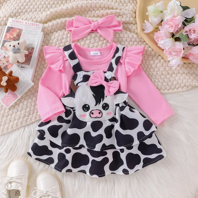 Baby Clothing Girl Fall Autumn Outfits Solid Romper Cow Pattern Print Ruffles Suspender Skirt Headband 3Pcs Newborn Clothes Set