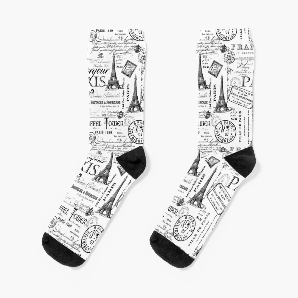 

Vintage Paris Black And White Nostalgic Pattern Socks men cotton high quality warm winter Women Socks Men's