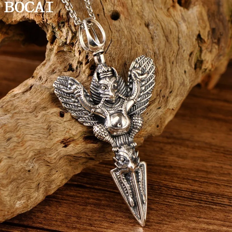 

BOCAI S925 Silver Jewelry Retro Vintage Wings Bird Personality Sweater Chain Pendant Silver Vajra Pendant