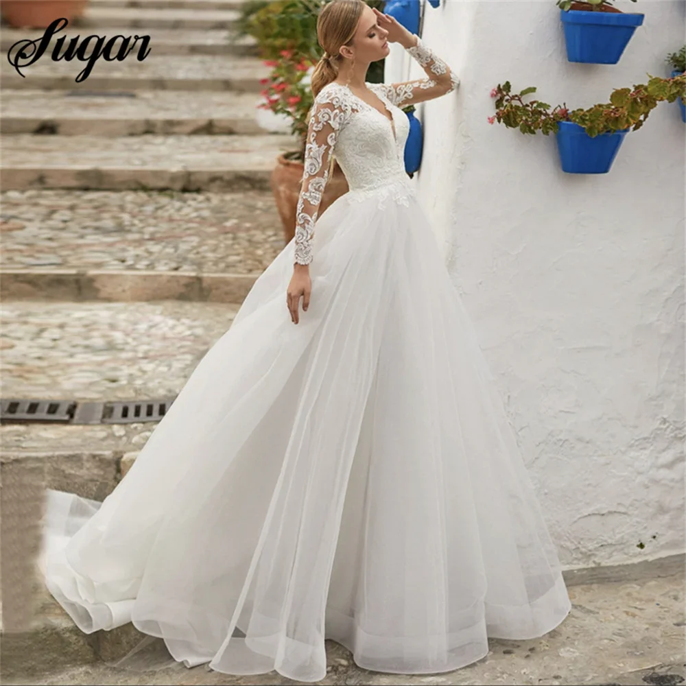 

Long Sleeve Wedding Dresses Customized V-Neck Lace Appliques Formal Tulle Bride Gown With Button Back Sweep Train Custom Made
