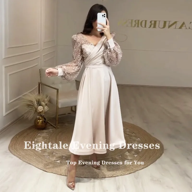 Eightale Champagne Kurze Abendkleid für Hochzeit Party V-ausschnitt Satin Gliiter Abendkleid Lange Puffy Sleeves Promi Kleid