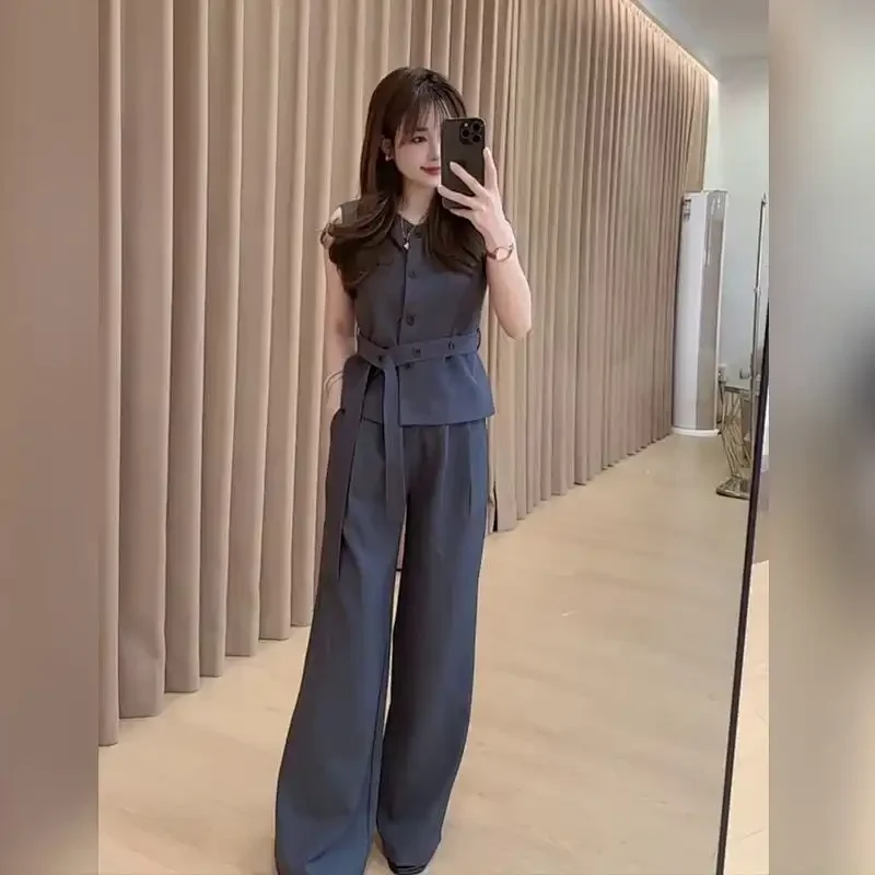 

Summer New Style Capable Temperament Two-piece Set of High-end Gray Vest Wide Leg Pants Set