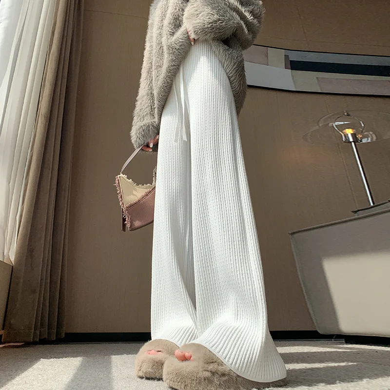 

Knitted Wide-leg Pants for Women 2024 Autumn and Winter New Drop Loose High Waist Straight Mopping Casual Slimming Pants LJ805