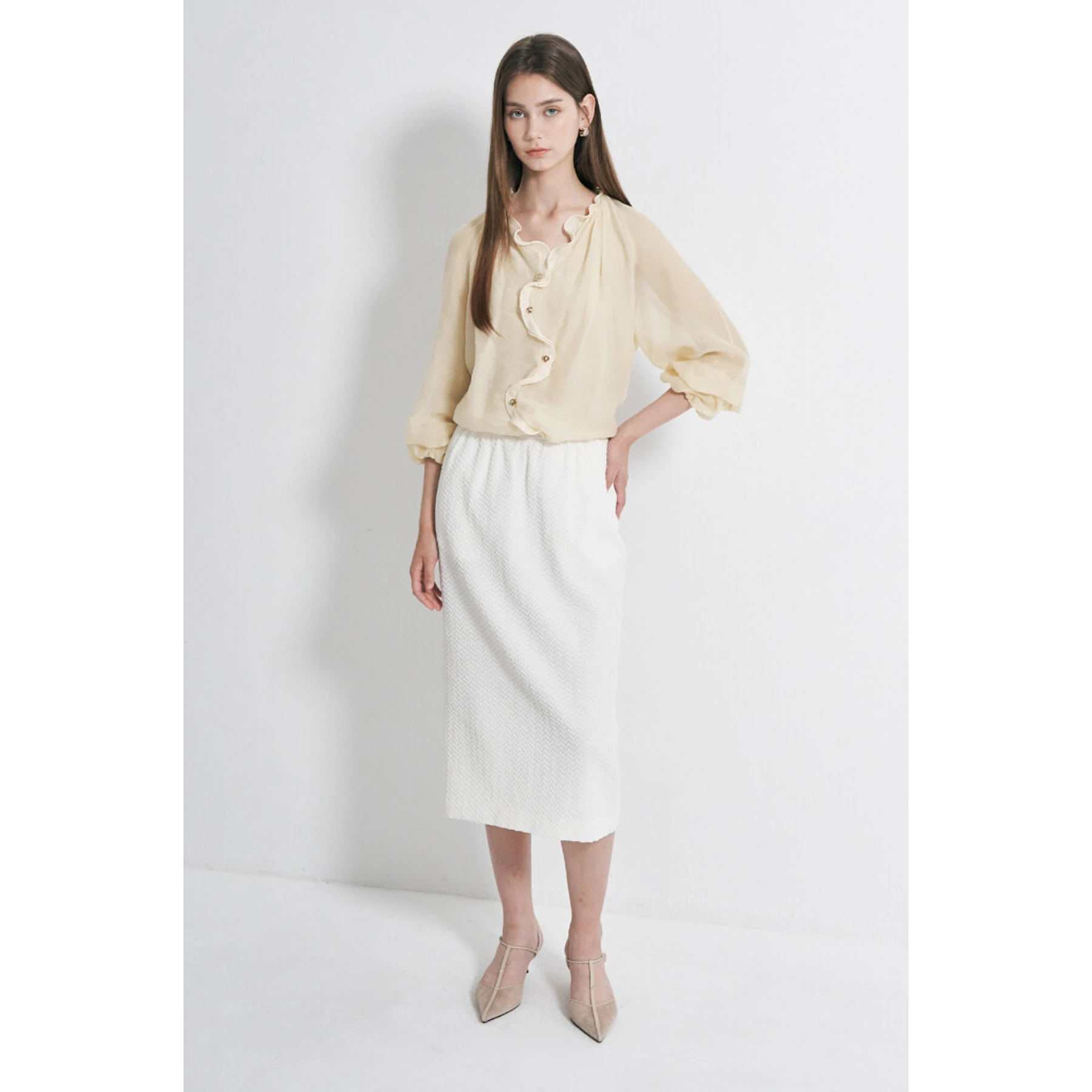 Elegant Fashionable Lemon Cheese Shirt OBZ26 Autumn Wave Lace Commute Versatile Quality Small Shirt Breathable Seven Sleeve