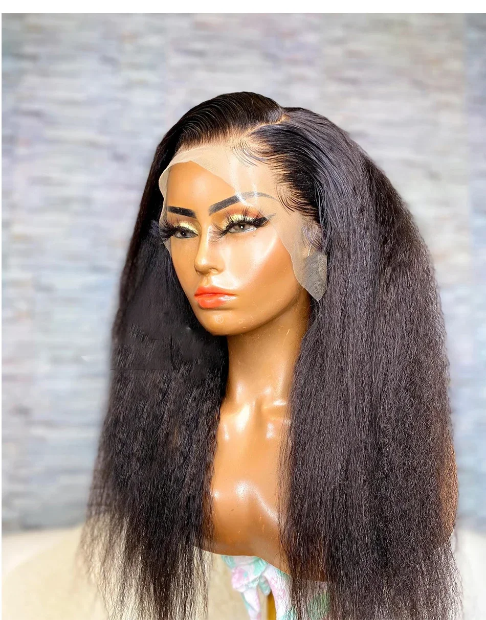 Soft 180Density 26Inch Black Yaki Kinky Straight Lace Front Wig For Women BabyHair Heat Resistant Preplucked Daily Glueless