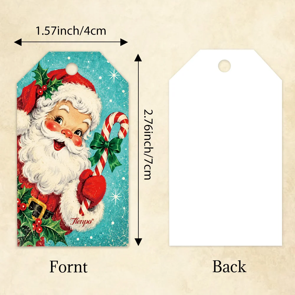 40pcs, Gift Tags, Mint Blue Retro Cartoon Xmas, Hanging Paper Labels for Gift Wrapping, Holiday Party Decor with String