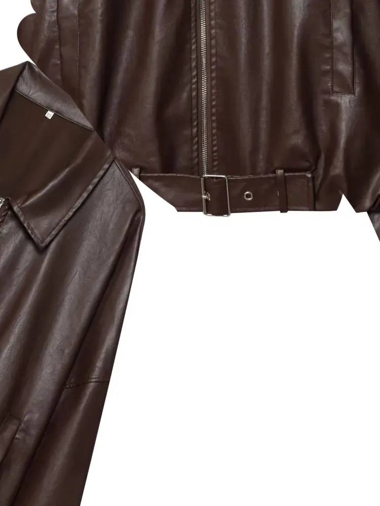 HH نساء موضة بدوره إلى أسفل طوق الجبهة زيبر جيوب حزام الديكور معطف قصير أنثى الصلبة شارع العليا طويلة الأكمام جاكيتات #1