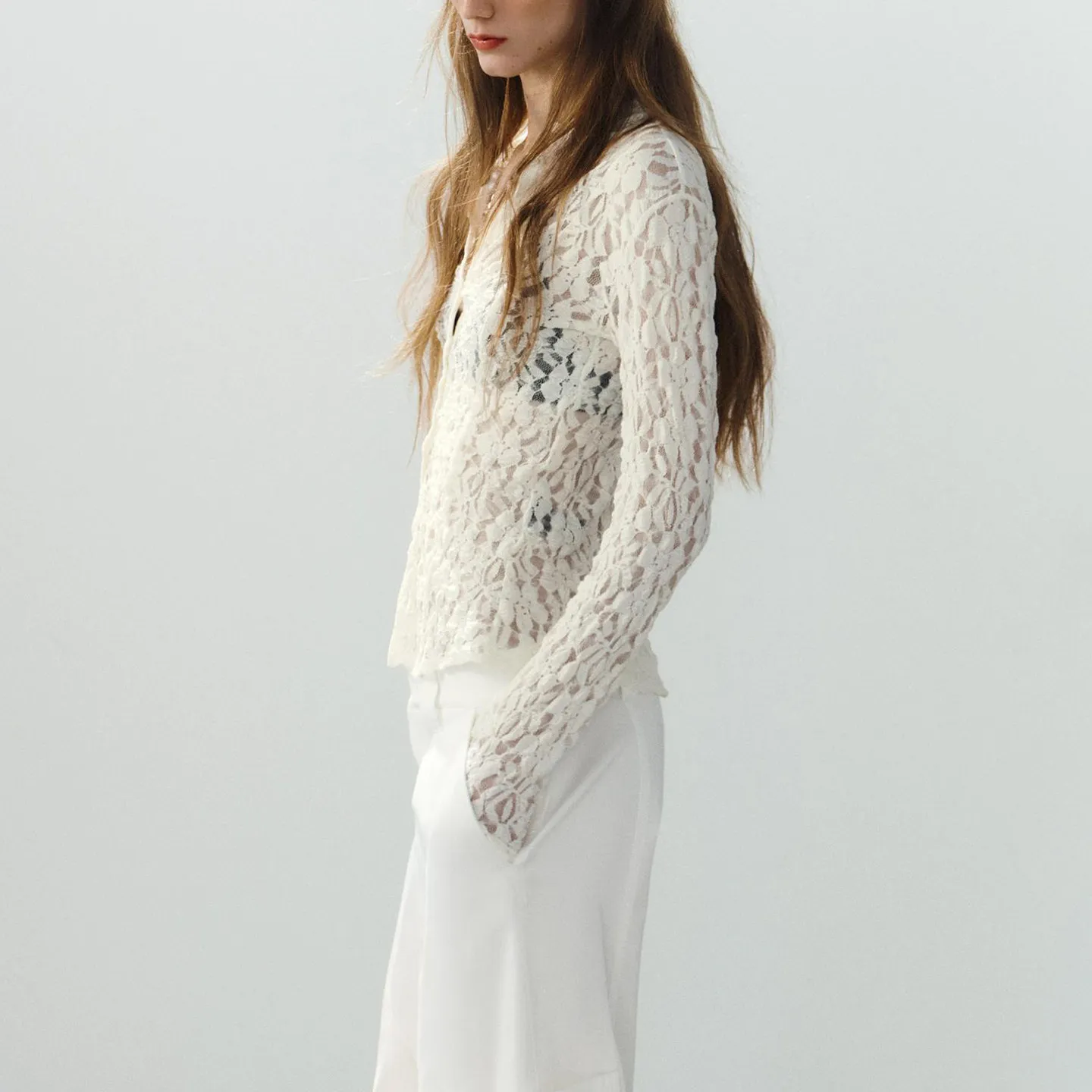 Women's Long Sleeve Stand Collar Semi-Transparent Lace Button up Shirt Autumn Fashion 2026 New Arrival ZADATA Brand