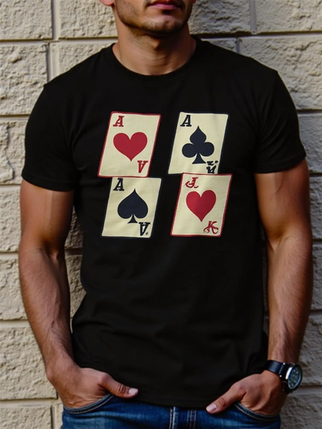 

T-Shirt Black T-Shirt with Red and Yellow Playing Card Design Breathable Pure Cotton Lining Suitable for Poker Night Game Activities Casual Wear Men's Birthday Anniversary Gift Summer Wear Artistic Print Comfortable Fit Short-Sleeved Top Casual Wear