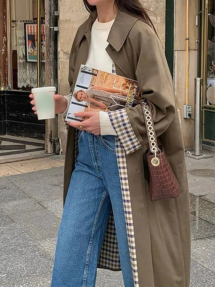 Pardessus à revers à simple boutonnage pour femme, doublure à carreaux, poche, manches longues, polyvalent, long, chic, High Street, automne