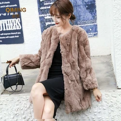 Winter Women Real Rabbit Fur Coat Natural Furry Fluffy Fur Outerwear Outdoor Warm Fashion Jacket Mid Length O-Neck Clothes