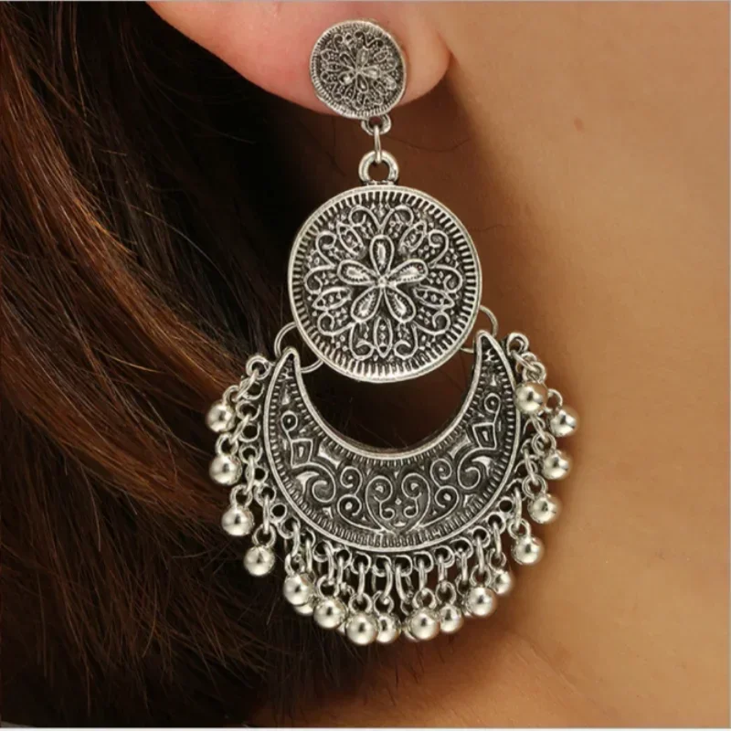 Delysia King Bohemia Women Geometric Alloy Tassels Earring Ethnic Crescent Carving Beads Dangler