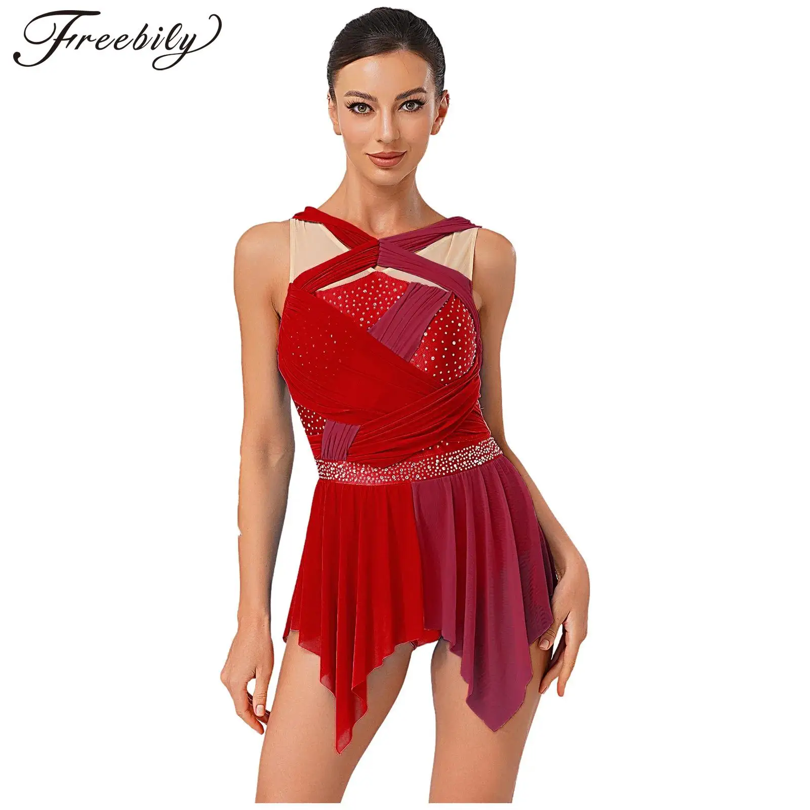 

Женское сетчатое платье без рукавов со стразами и рюшами для лирического танца, трико для фигурного катания, гимнастики, балета, сценической танцевальной одежды