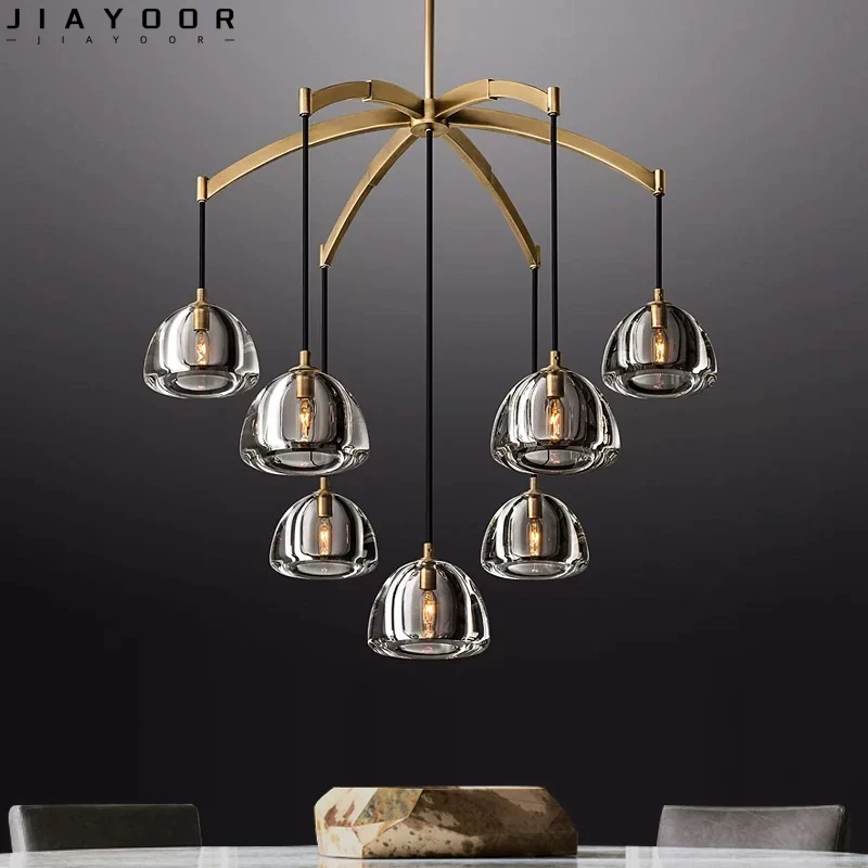 

2024 New Retro Black Brass American K9 Crystal Copper LED Chandelier Indoor Home Dining Room Living Room Duplex Villa Lighting