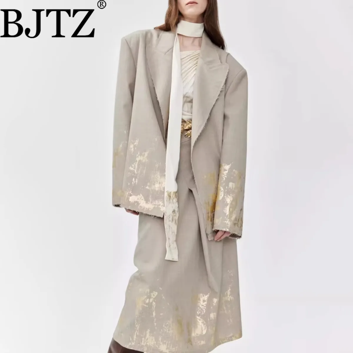 

BJTZ Freehand Graffiti Hot Stamping Loose Fit Suit+half Skirt Two-piece Set For Women 2025 Spring Office Lady New Clothing