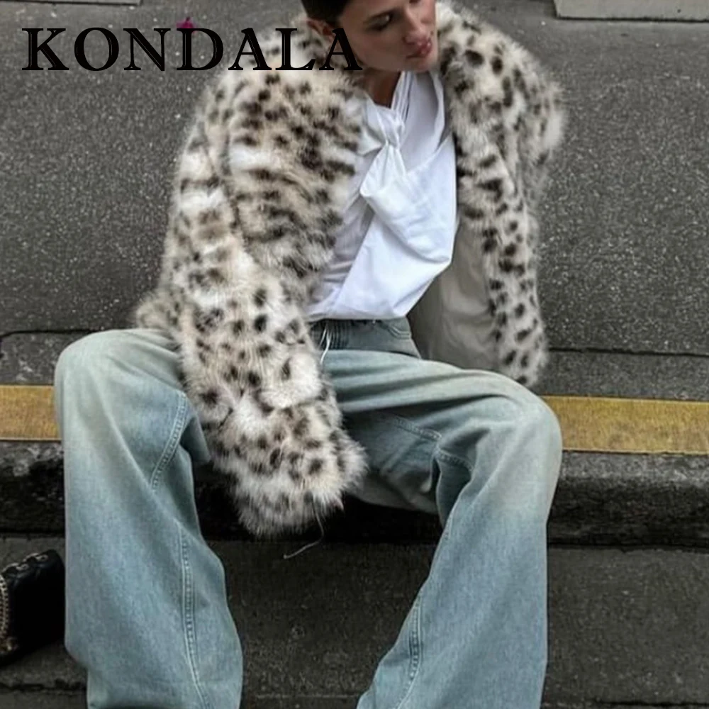 KONDALA Chic Winter Furry Leopard Faux Fur Warm Party Women Jacket Luxurious Fashion 2025 Outwear Night Party Elegant Noble Coat