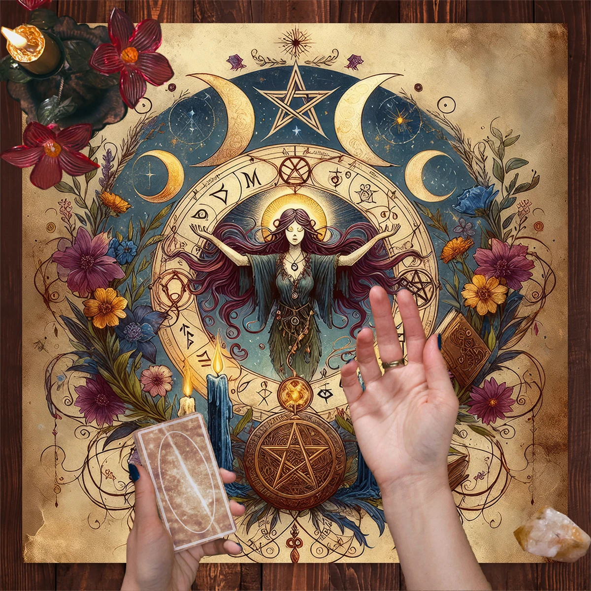 Mantel Retro de 50/75cm para Altar de Bruja, Tapete para Cartas del Tarot, Tela de Adivinación con Luna, Estrellas, Velas, Flores y Plantas, Decoración de Altar