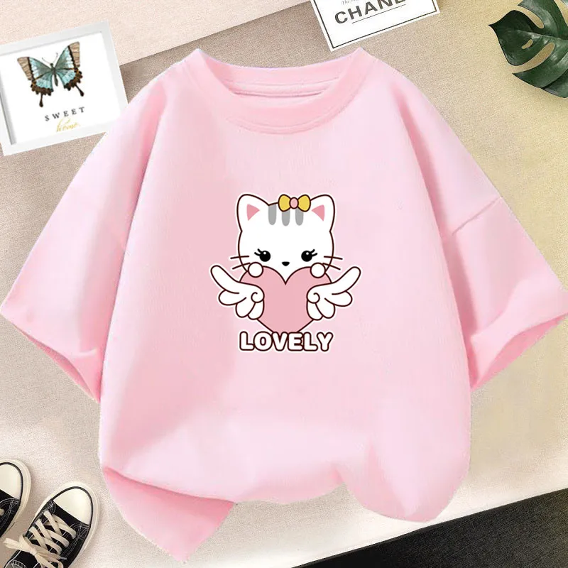 Kawaii Cat Print Lovely T-shirt Girl Animal  Fashion Print Tops Tee Gril Black White Clothes