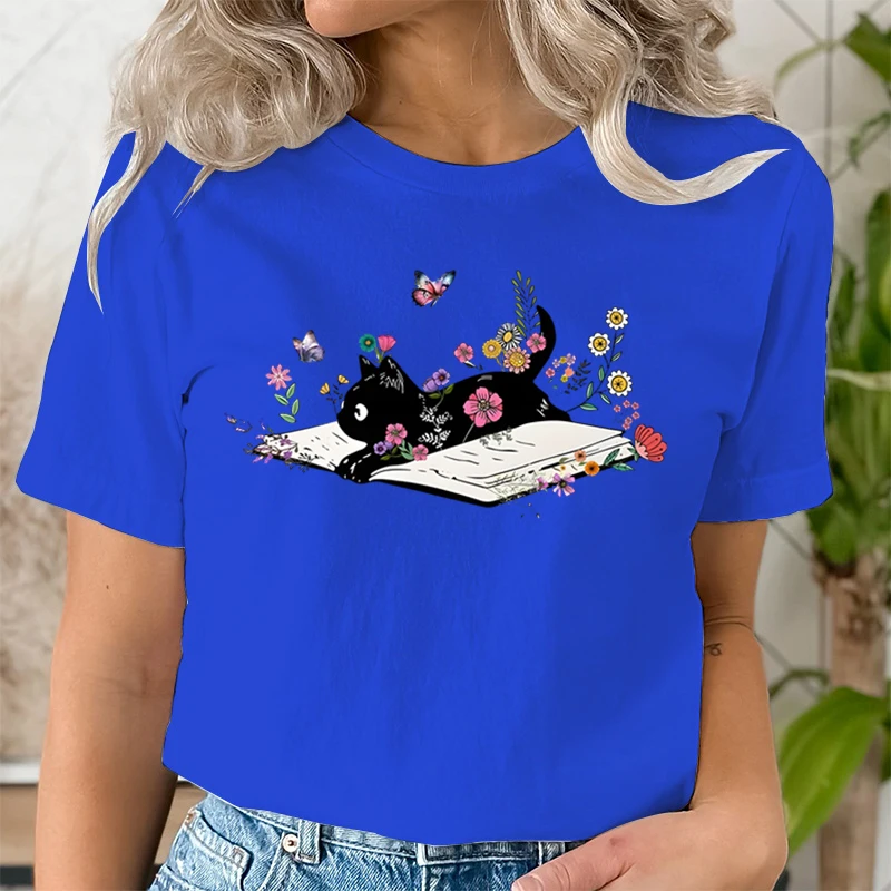 Black Cat and Floral Books Print T Shirt Women Sweet 90s Graphic Top Summer Casual Cartoon Fashion Animal Bibliophile T-Shirts