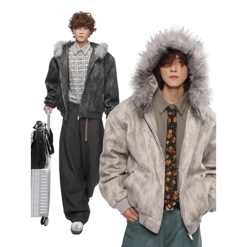 Autumn Winter Faux Fur Parkas with Hoooded Women and Mens Couple Clothing 2000s American Vintage Jackets Coats Punk Harajuku