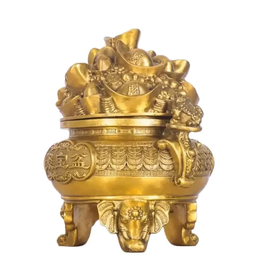 Brass covered treasure bowl ornaments, golden toad three legged elephant incense burner, home and temple offerings