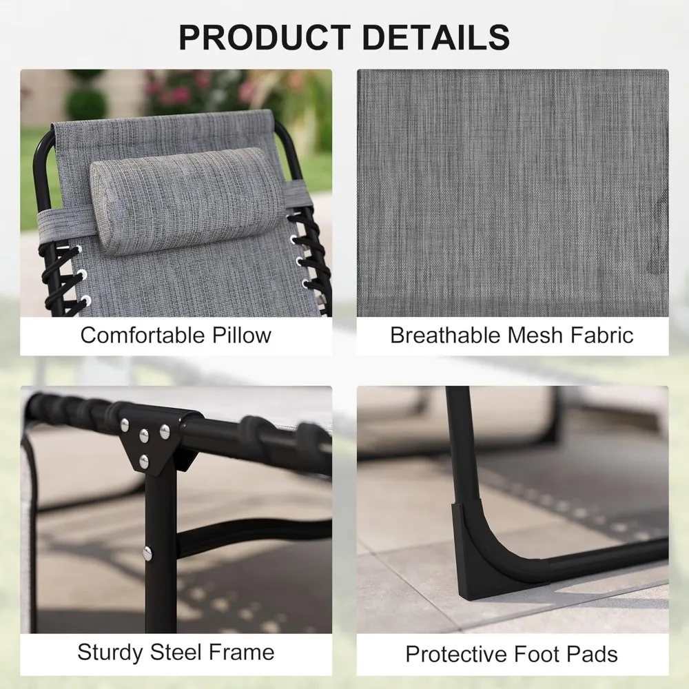 5-Position Adjustable Outdoor Chaise Lounge Chair with Side Pocket, Folding Design for Pool Patio Beach Garden, Gray