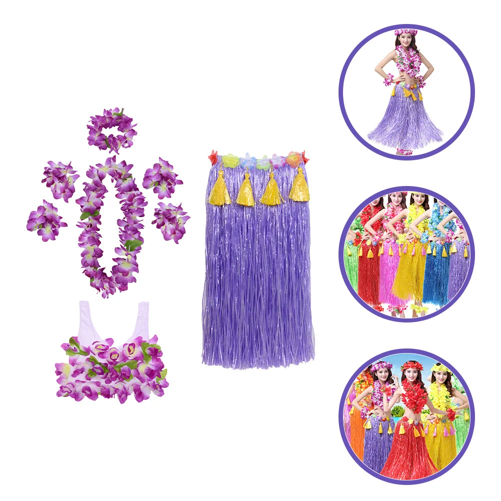 

1 set 1 Set Thickened Grass Skirt Set Hula Dress Hawaii Costume Flower Garland For Adult Women Luau Party Beach Wear Hula Skirt