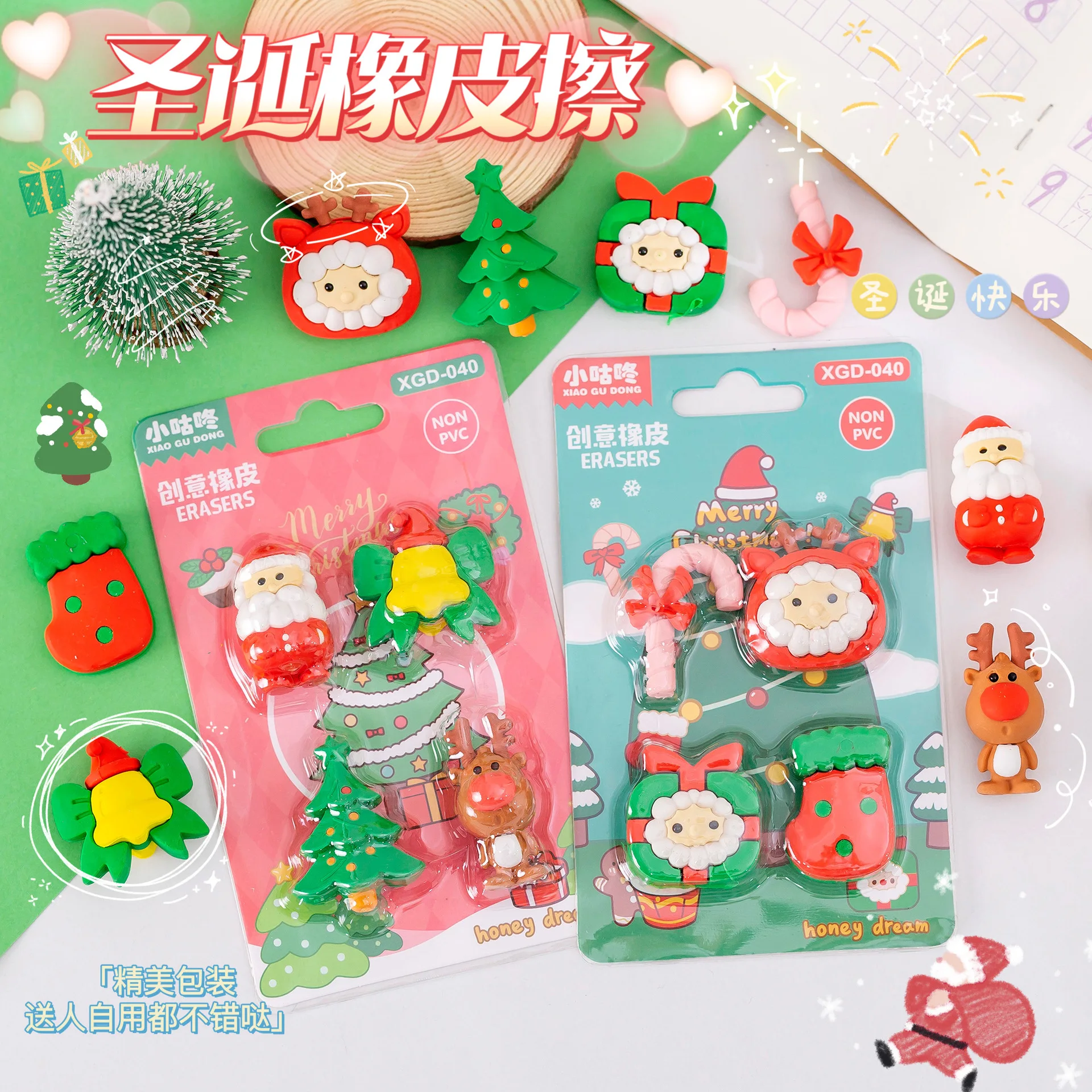 Kawaii  Korean Stationery Cartoon Santa Claus Eraser Set Kindergarten School Students Christmas Gifts Children Stationery Eraser