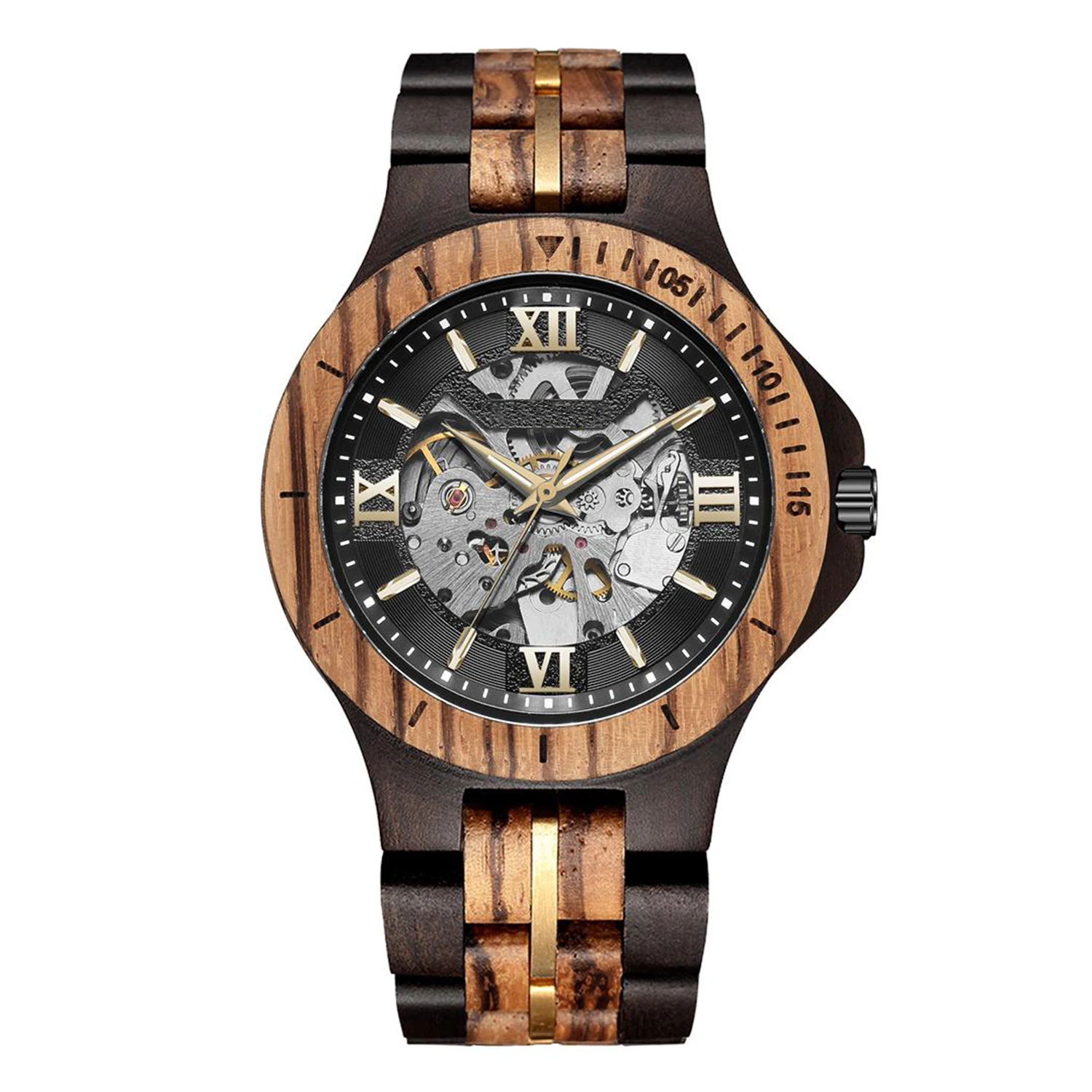Men Steampunk Automatic Skeleton Mechanical Watch Wood Steel Mixed Strap Luminous Pointer Folding Clasp Business Wristwatch
