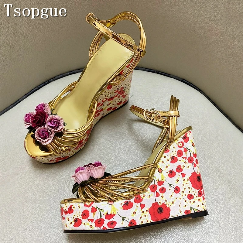 Gold Floral Wedge Heel Sandals Women Luxury 3D Rose Flower Ankle Strap Platform High Heels Party Wedding Dress Shoes view 5