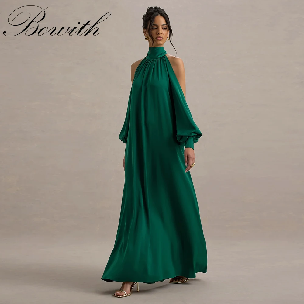 

Bowith Olive Green Halter Backless Evening Dresses for Special Occasion Customized Women's Gown Long Sleeves A-Line Party Dress