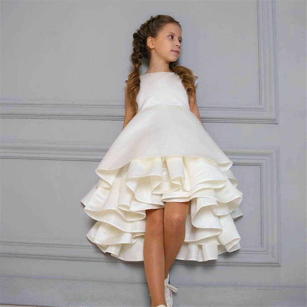 Flower Girl Dress Princess Ball White Sleeveless Tulle Lace Layered First Communion Dresses Kids Surprise Birthday Present