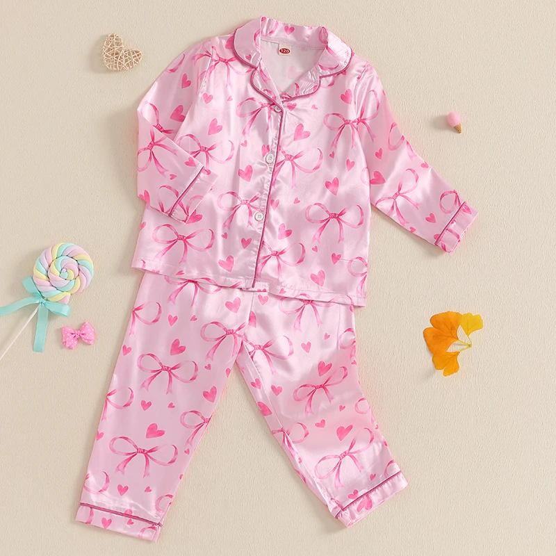 Conjunto de pijamas para niñas de 3 a 7 años, camisa de manga larga con estampado de lazo de corazón y pantalones elásticos, 2 piezas para ropa de dormir